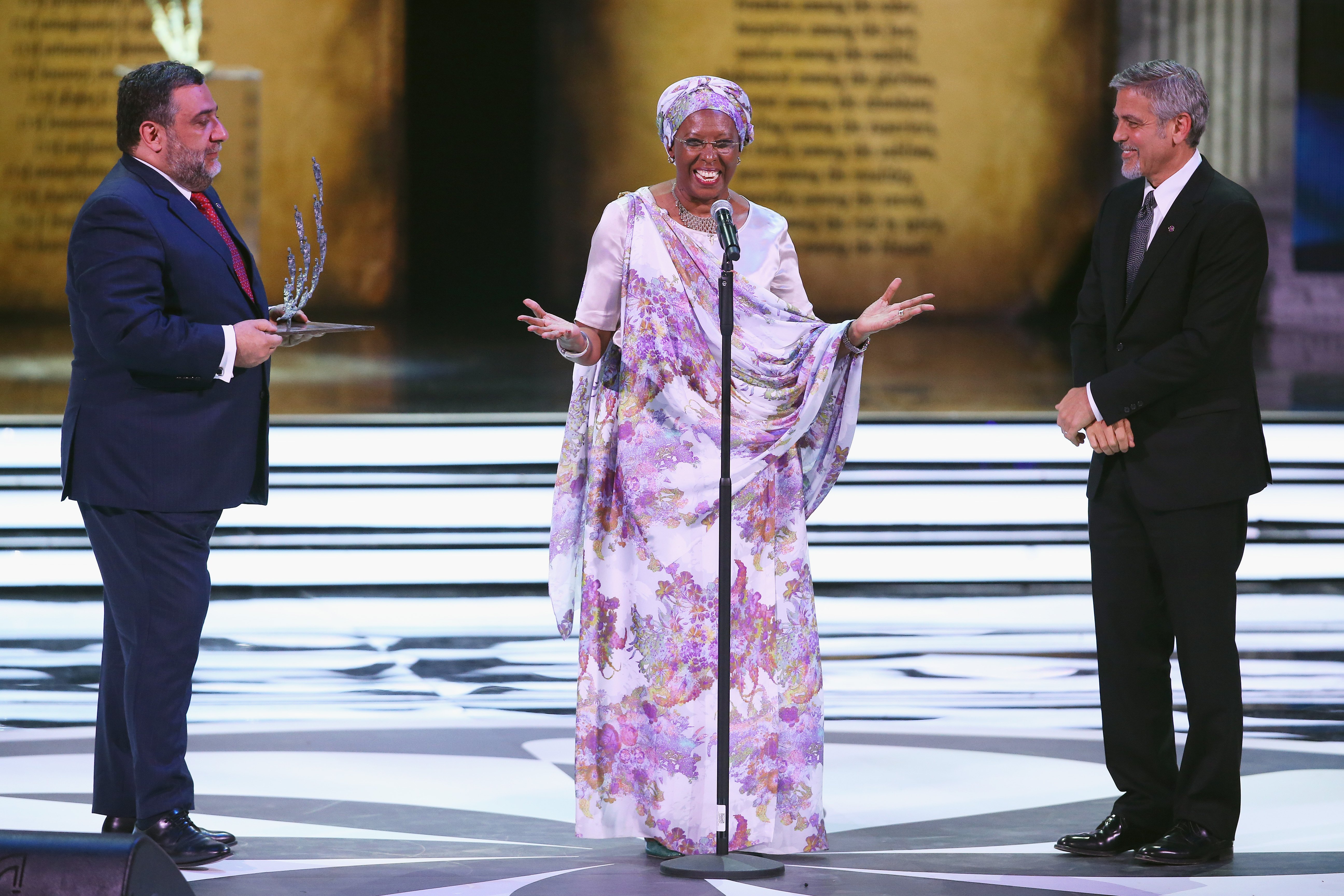 Marguerite Barankitse accepts the inaugural Aurora Prize from co-chair of the selection committee George Clooney, and prize co-founder Ruben Vardanyan Aurora_Prize_Laureate_Marguerite_Barankitse.JPG