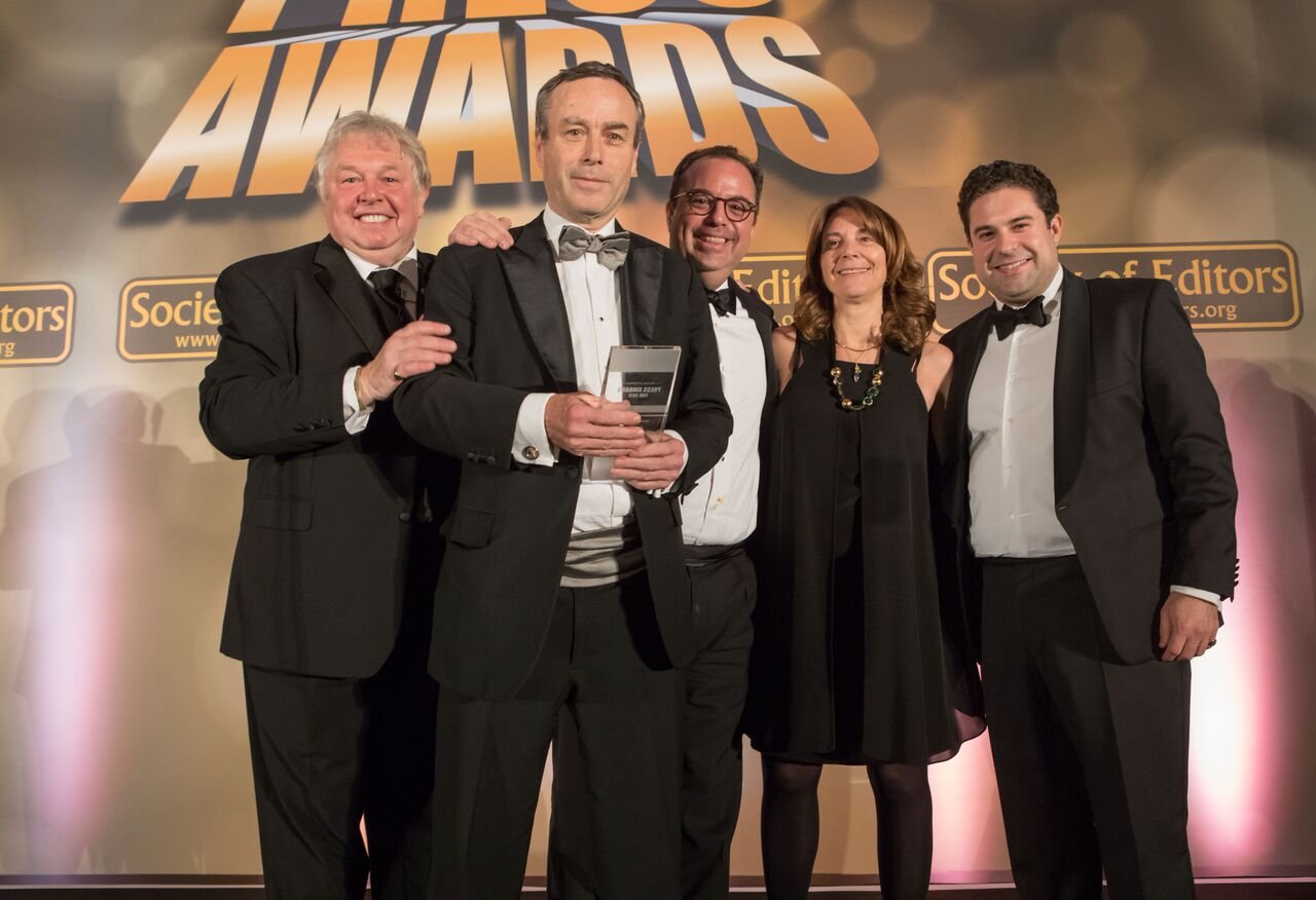 Financial Times editor Lionel Barber (holding award) at the “Oscars” for the United Kingdom’s national newspapers and media on March 13, 2018. Financial Times editor Lionel Barber (holding award) at the “Oscars” for the United Kingdom’s national newspapers and media on March 13, 2018.
