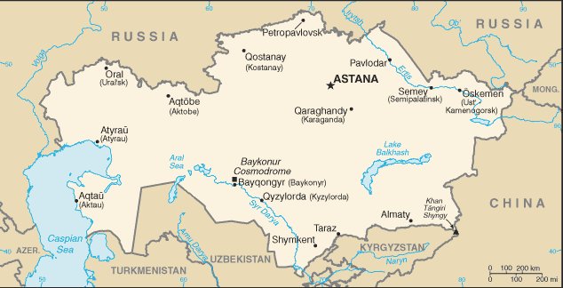 Map of Kazakhstan, courtesy CIA World Factbook Kazakhstan