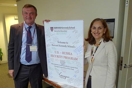Deana Arsenian, Vice President, Carnegie Corporation, welcoming participants to the five-day exchange at the Wilson Center with Sergei Konoplyov, Director, Executive Education at Harvard Kennedy School. RTEmagicC_Konoplyov_and_Arsenian.JPG