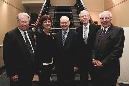Pictured, from left: Sir David Edward; Louise Richardson; Michael Sandel; Andy Walker; Angus Hogg Sir David Edward, Louise Richardson, Michael Sandel, Andy Walker, Angus Hogg
