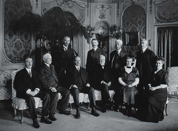 Andrew Carnegie, (seated, fourth from left), his daughter, Margaret, and wife, Louise, at the Corporation's first board meeting, November 10, 1911. Trustees at the Corporation’s first board meeting, November 10, 1911