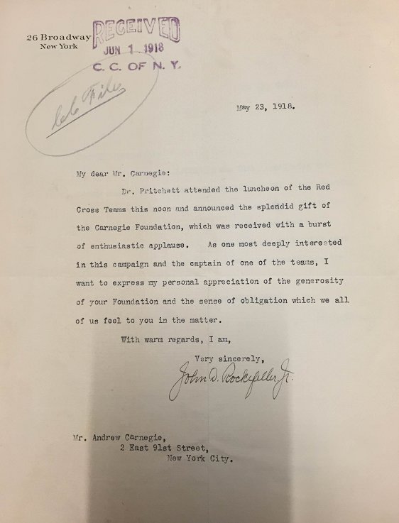 A letter from John D. Rockefeller Jr. to Andrew Carnegie at the end of World War One Rockefeller_letter.png