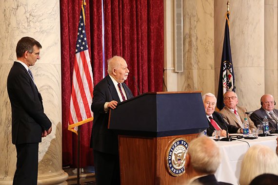 Vartan Gregorian (at podium), president of Carnegie Corporation of New York, and George Perkovich (left), vice president for studies, Carnegie Endowment for International Peace, introducing the Nunn-Lugar Award (Photo: Celeste Ford) Nunn-Lugar_02_CARN2789_570px.jpg