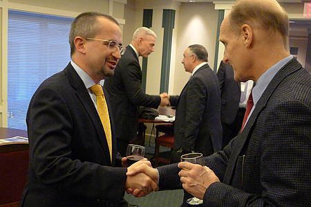 Brigadier General Peter Zwack, U.S. Defense Attaché, Moscow, with Russia’s Deputy Chief of Mission Oleg Stepanov. In the background, Brigadier General Brian Beaudreault and General-Major Mikhail Sinyukov, who both participated in the exchange program. RTEmagicC_Stepanov_and_Zwack.JPG